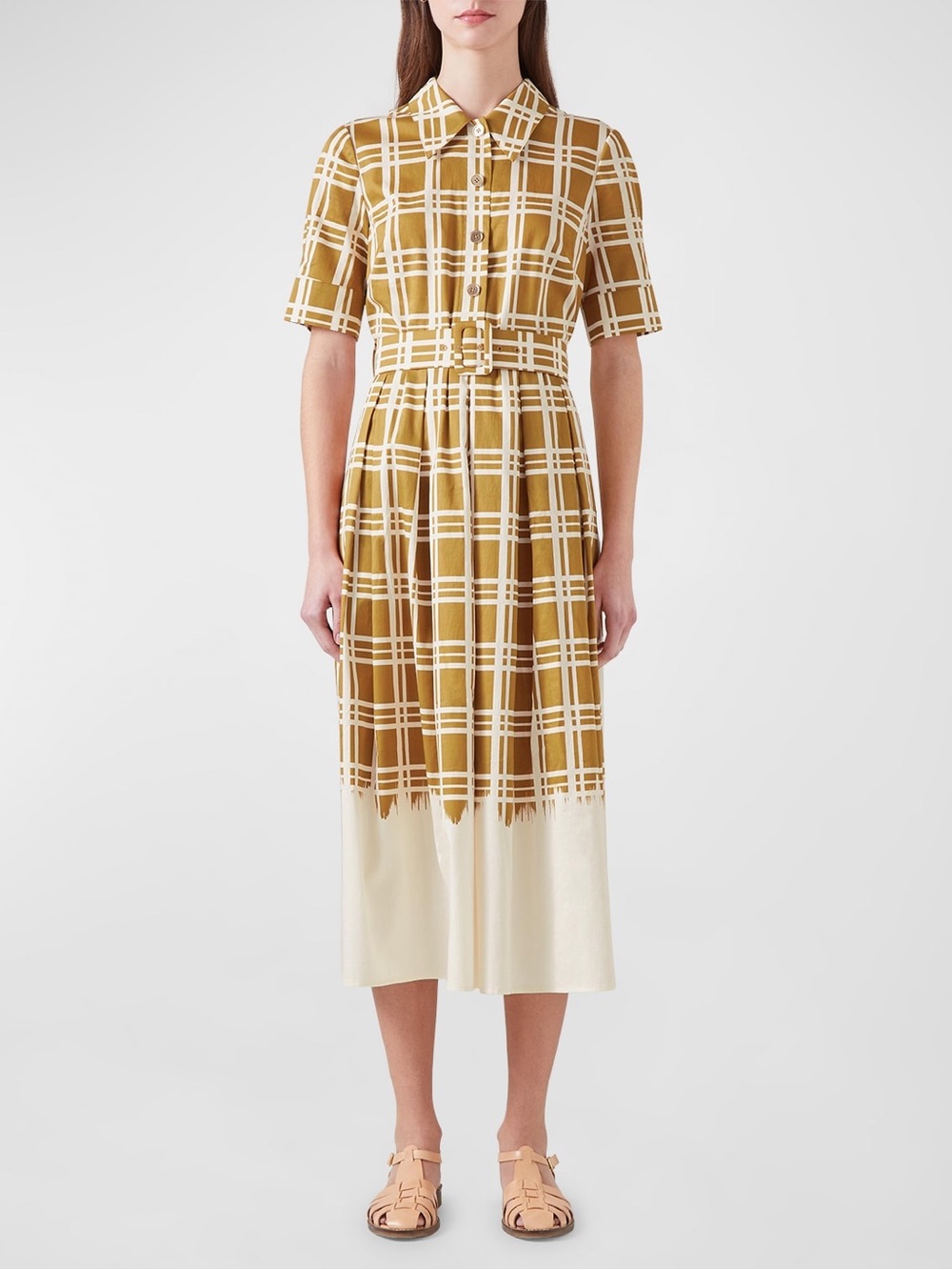 New with tag LK Bennett Mustard Plaid Midi Shirt Dress with White Hem - Picture 3 of 8